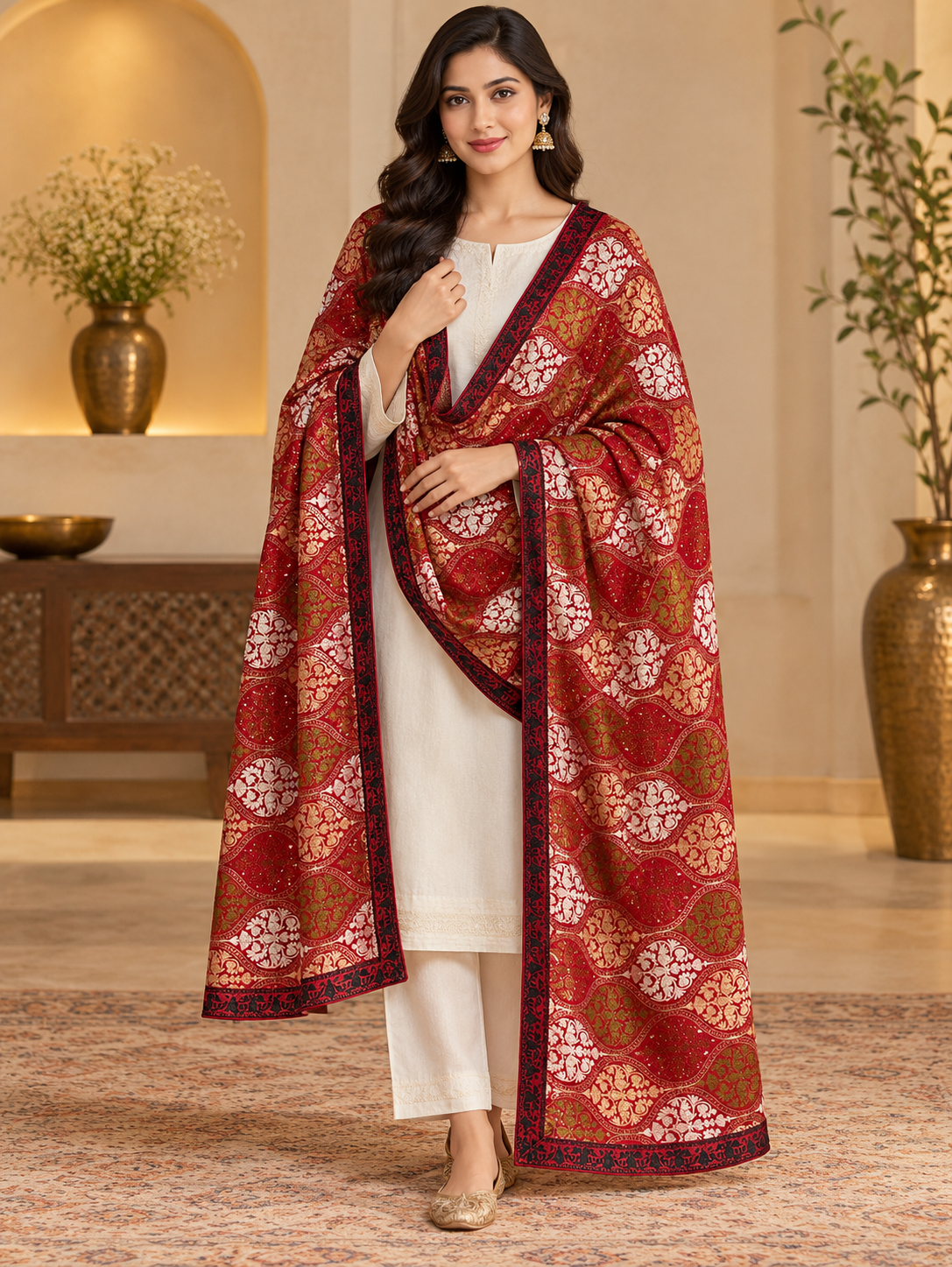 Ruby Red Wavy Floral Swarovski Work Velvet Shawl