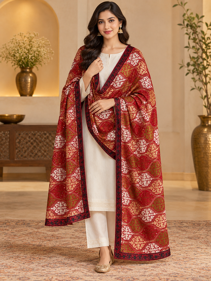 Ruby Red Wavy Floral Swarovski Work Velvet Shawl