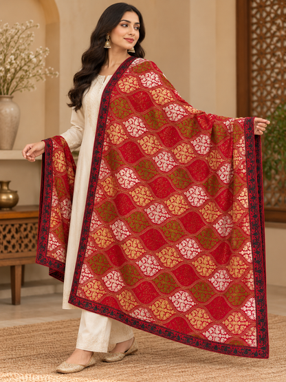 Ruby Red Wavy Floral Swarovski Work Velvet Shawl