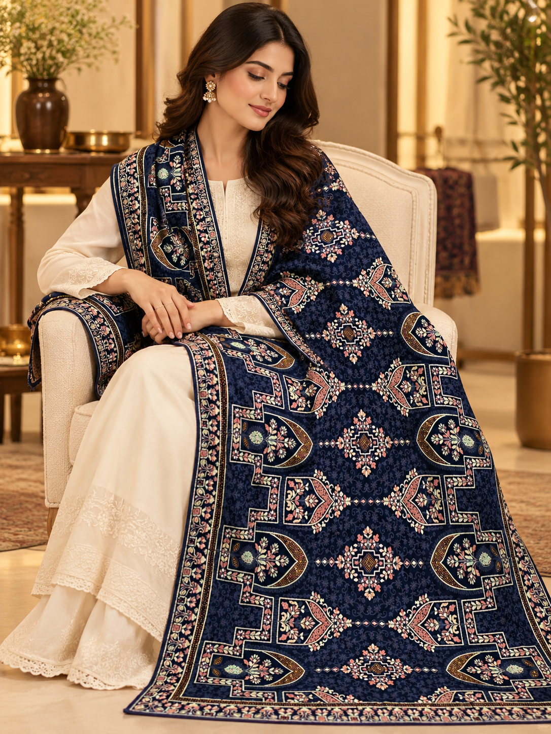 Navy Blue Floral Swarovski Work Velvet Shawl