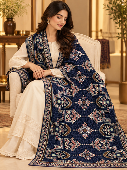 Navy Blue Floral Swarovski Work Velvet Shawl