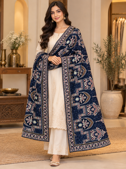 Navy Blue Floral Swarovski Work Velvet Shawl