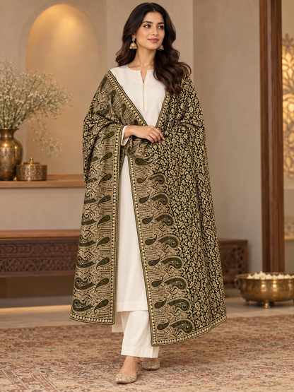Olive Green Paisley Swarovski Velvet Shawl