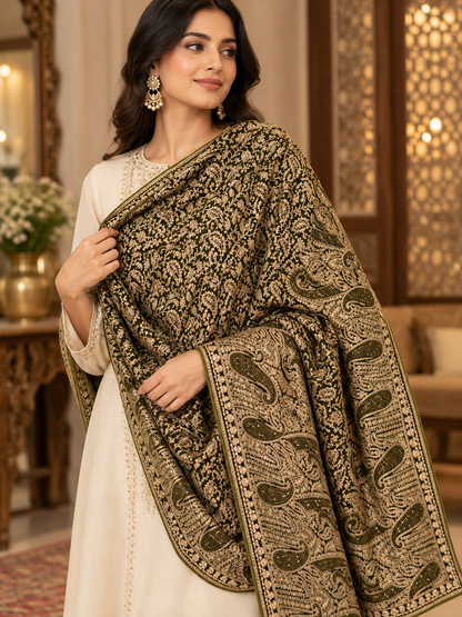 Olive Green Paisley Swarovski Velvet Shawl