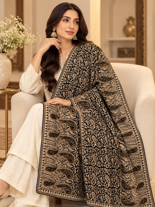 Black & Gold Floral Paisley Swarovski Work Velvet Shawl