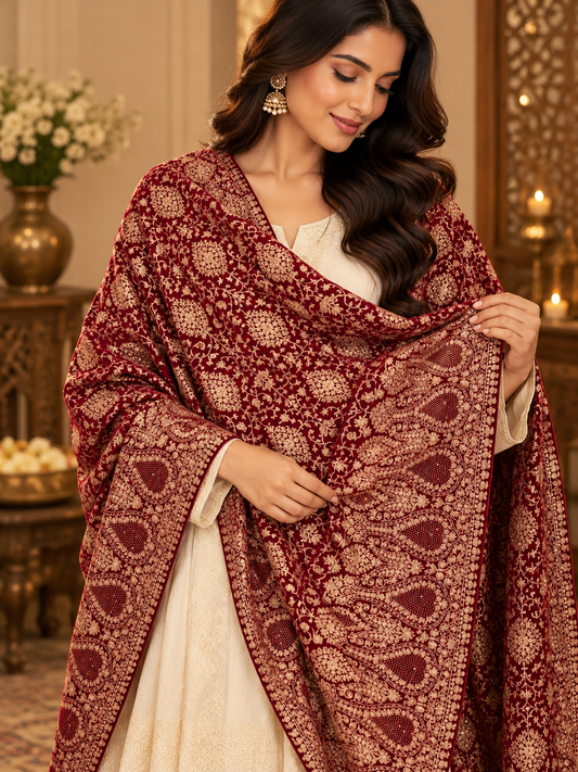 Burgundy Paisley Swarovski Work Velvet Shawl