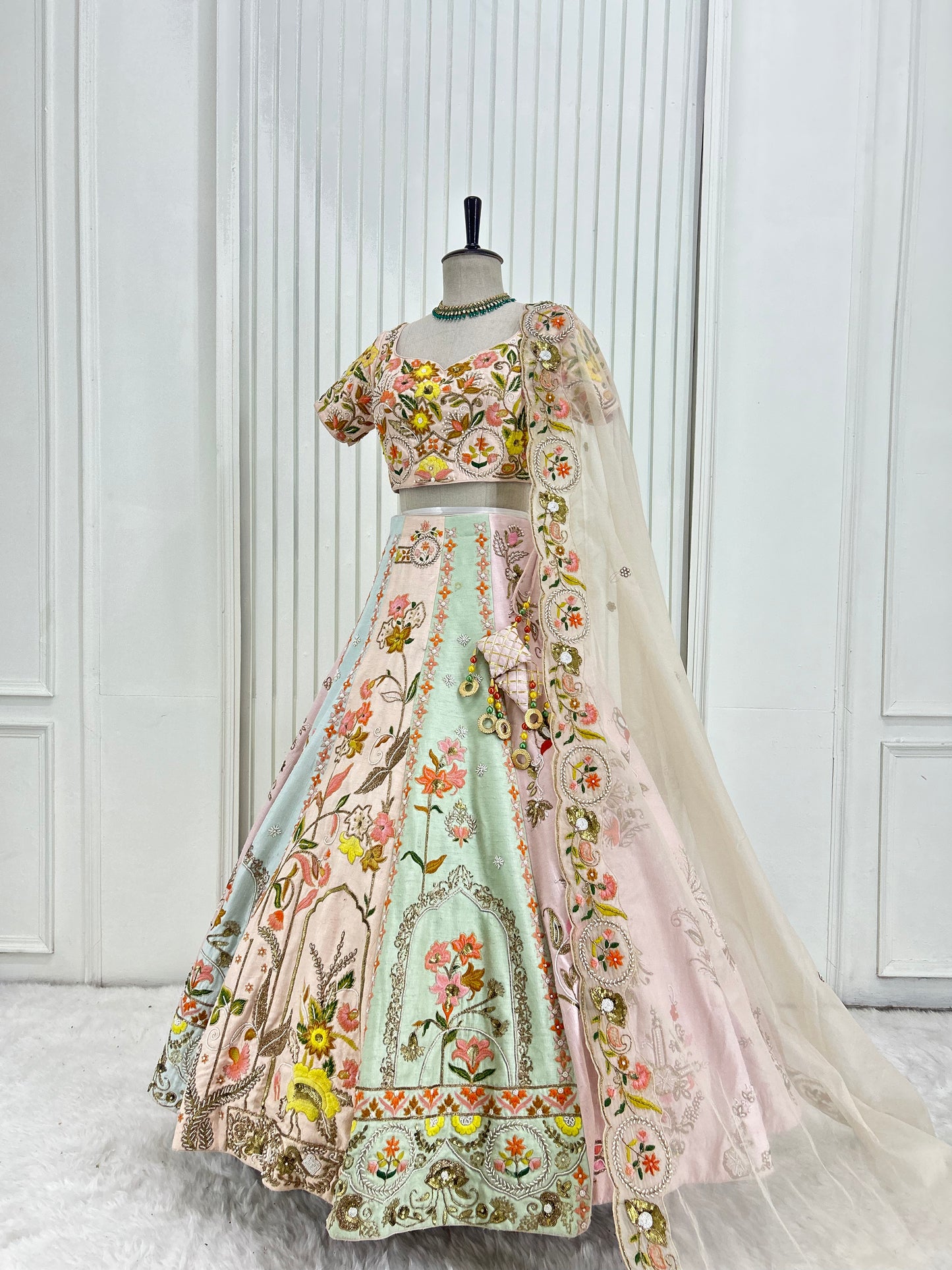 Peach Yellow Floral Embroidery Lehenga Set