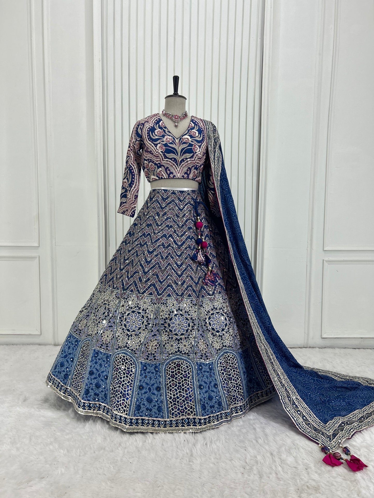 Midnight Mirror Work Blue Lehenga Set