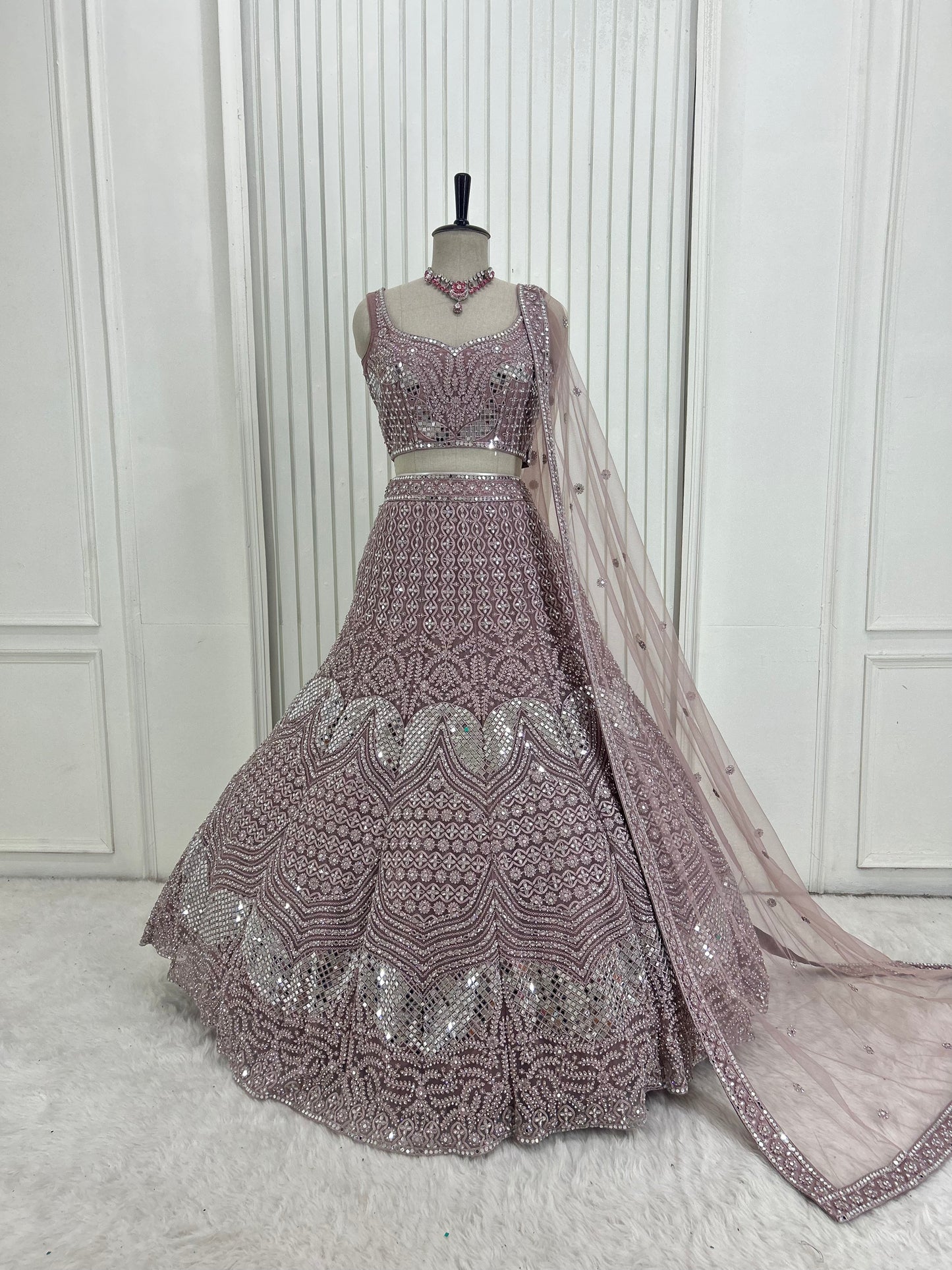 Onion Pink Mirror Work Lehenga Set