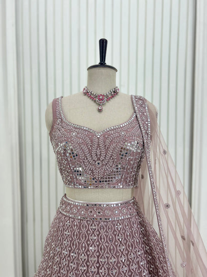 Onion Pink Mirror Work Lehenga Set