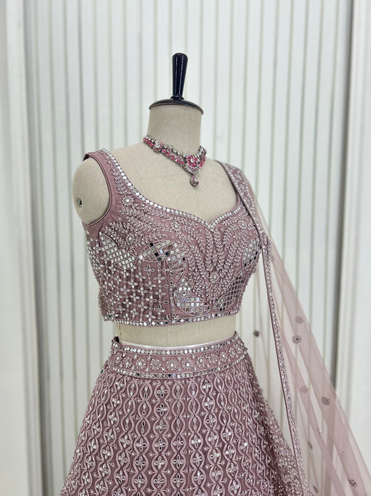 Onion Pink Mirror Work Lehenga Set