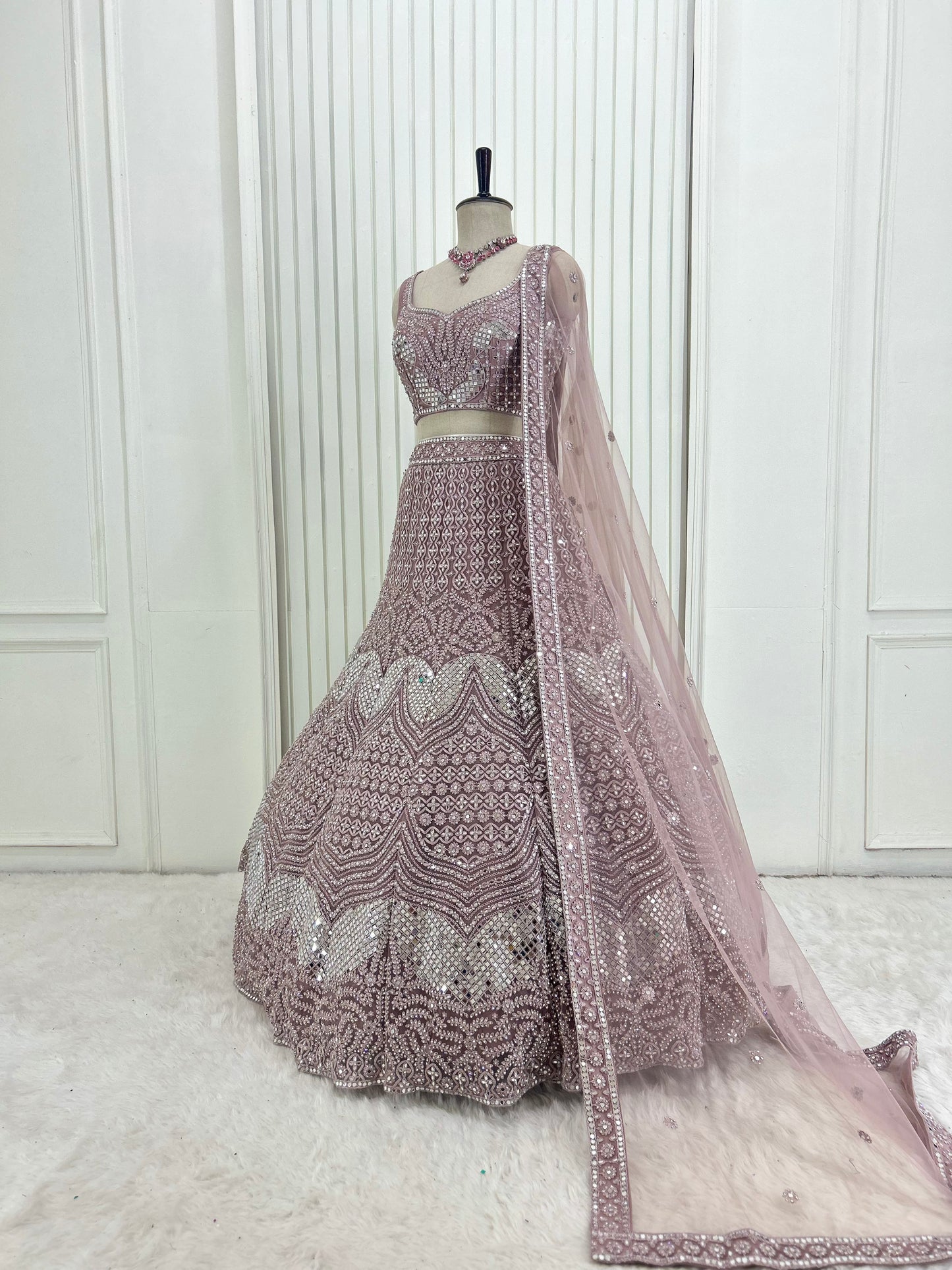 Onion Pink Mirror Work Lehenga Set