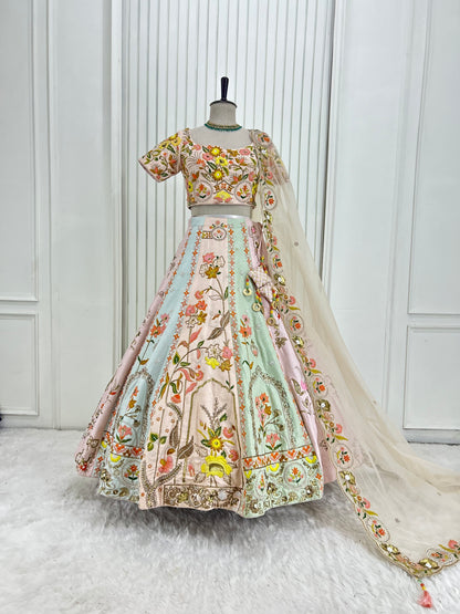 Peach Yellow Floral Embroidery Lehenga Set