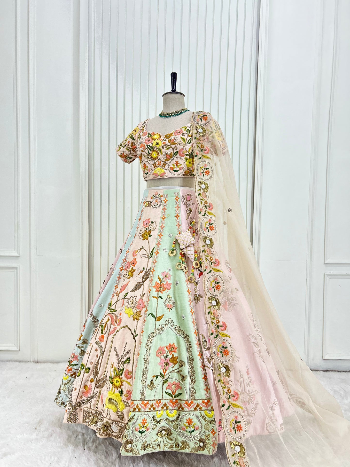 Peach Yellow Floral Embroidery Lehenga Set