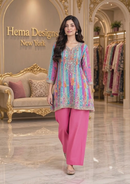 Multicolor Striped Embroidered Kurta Set with Solid Pink Palazzo Pants