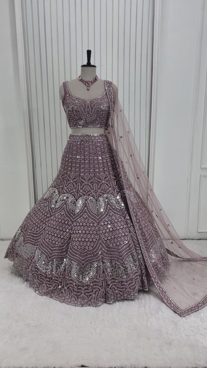 Onion Pink Mirror Work Lehenga Set